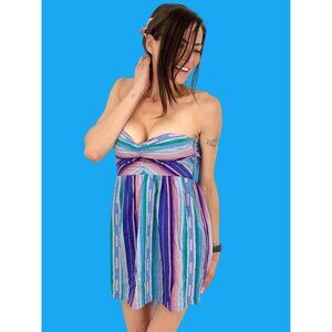 Vintage Y2K Roxy Coastal Cowgirl Strapless Striped Beachy Boho Indie Mini Dress